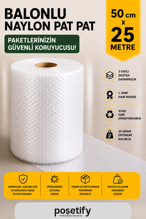 POŞETİFY 50 cm x 25m Balonlu Naylon Patpat | 1. sınıf | 3 Katlı | 12,5 m2 | 3...