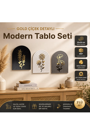 HippoDeco Gold Çiçek Detaylı Ahşap Gökküşağı Duvar Tablo Seti – Siyah Beyaz G...