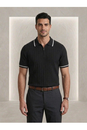 B&M Jared Yakalı Şerit Çizgili Yarım Fermuar Triko Erkek Polo Yaka T-Shirt