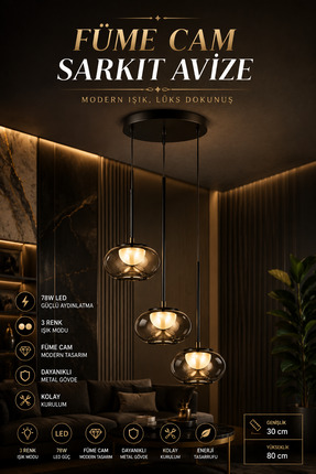 Elvora Home Modern (PREMİUM) Füme Cam Sarkıt Avize 3 Renk LED Aydınlatma Siya...