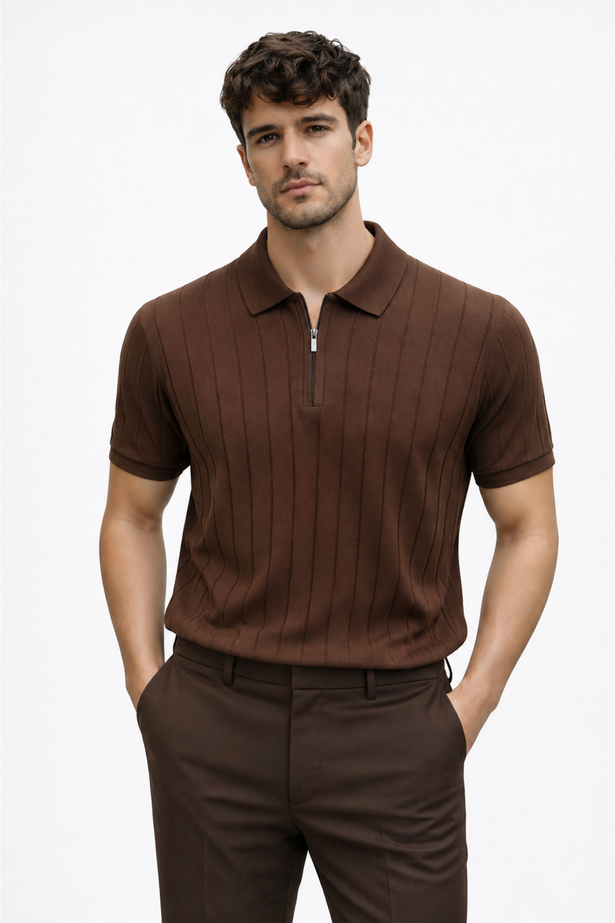 BOLD 2026 New Season Zippered Knitwear Polo Collar T-Shirt Modern Striped Textured Men's Summer Brown
