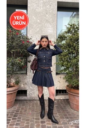 Perryes Kadın Denim Takım Yaka Detaylı Ceket Kemer Detaylı Pileli Mini Etek