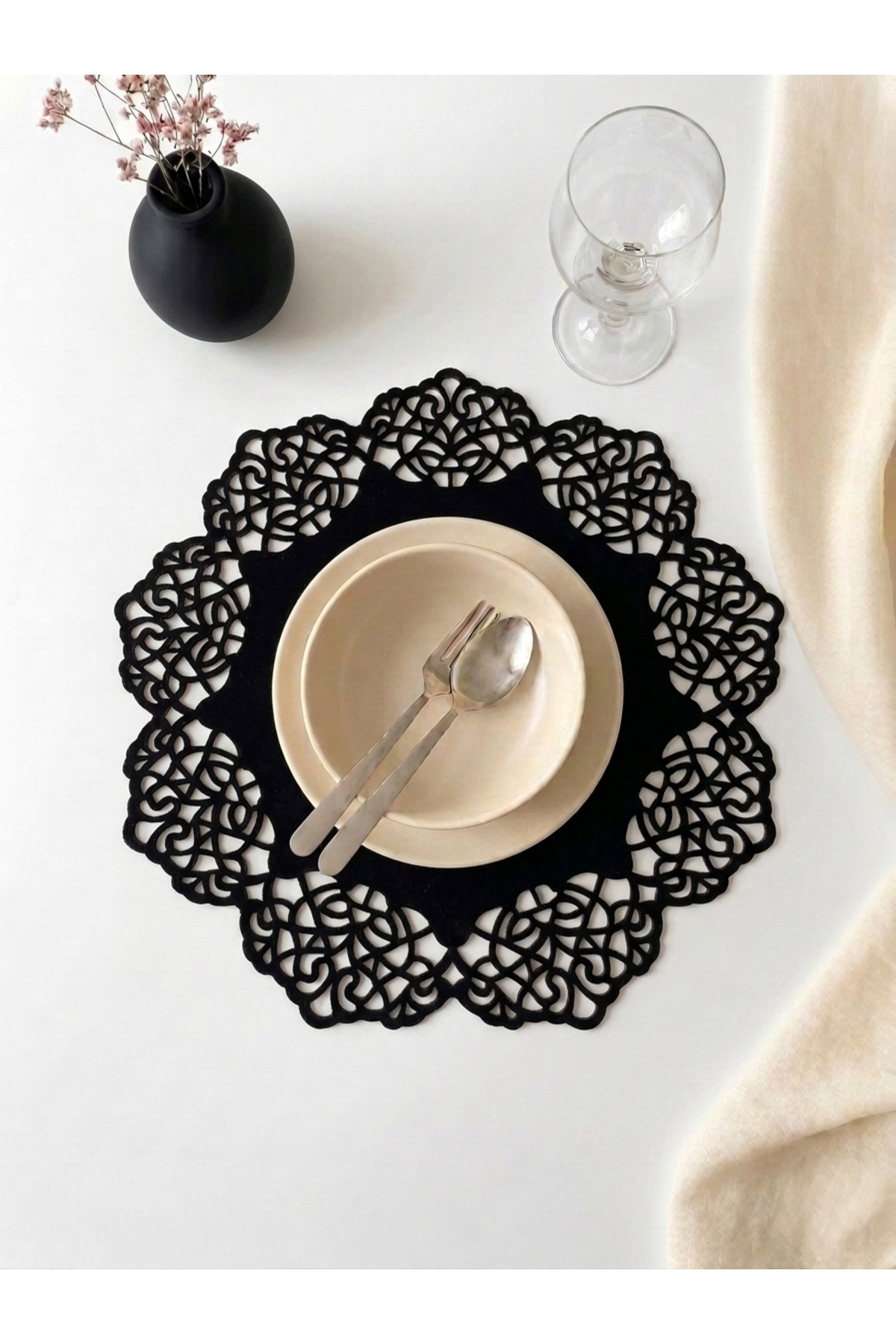 Black Suede Fabric Round Underplate American Service Set 6pcs 35x35cm