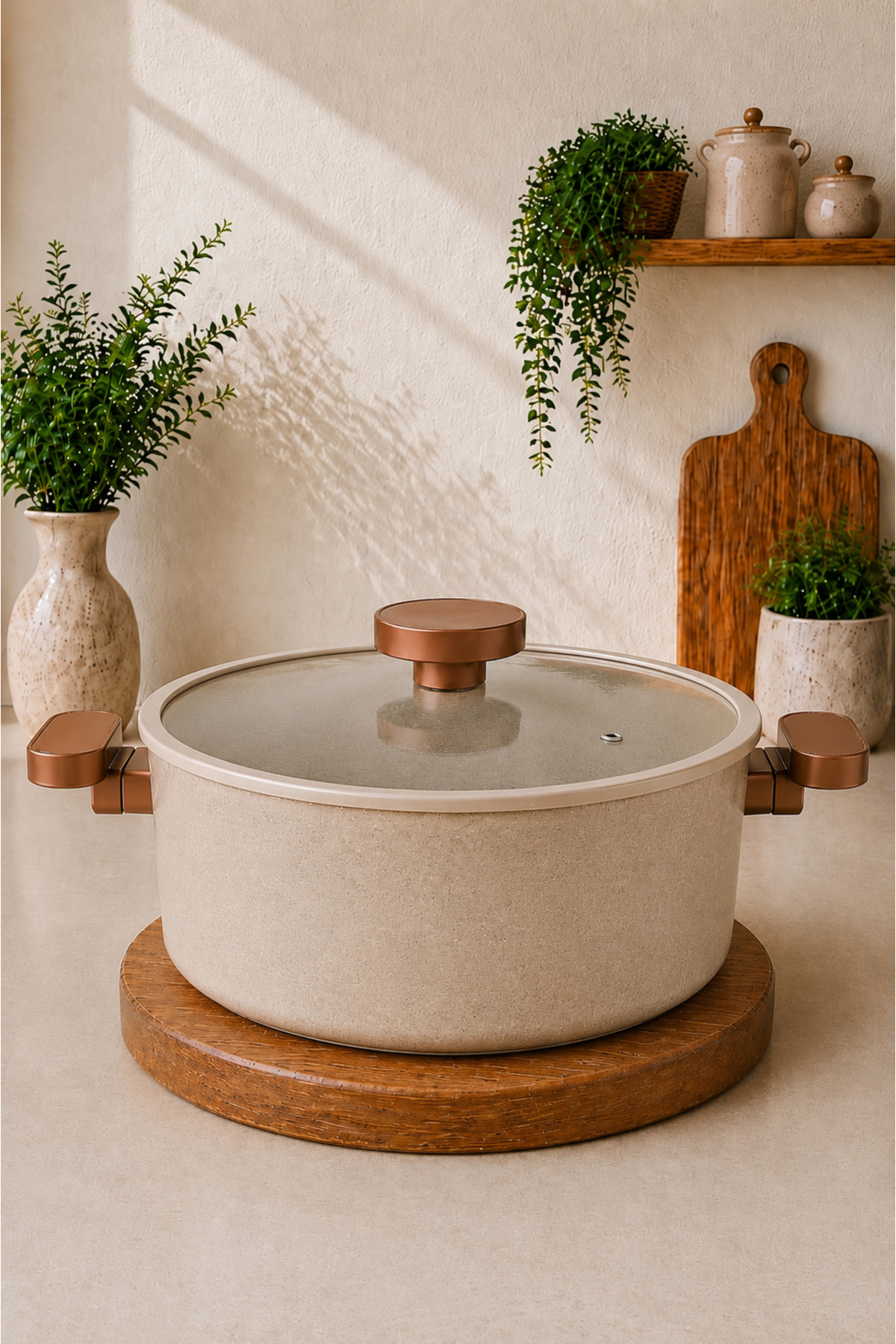Valeria 26 cm Granite Deep Pot Glass Lid with Silicone Edge - Cappuccino