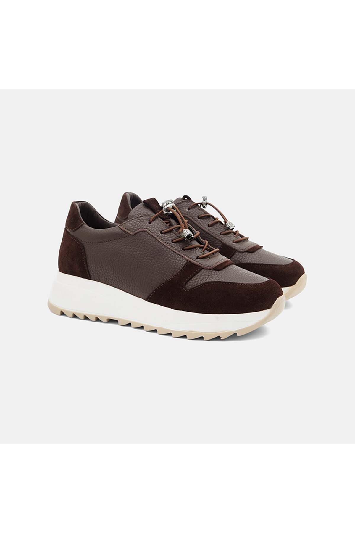 Women's Coffee Elastic Lace-Up Suede Textured Leather Sports Shoes