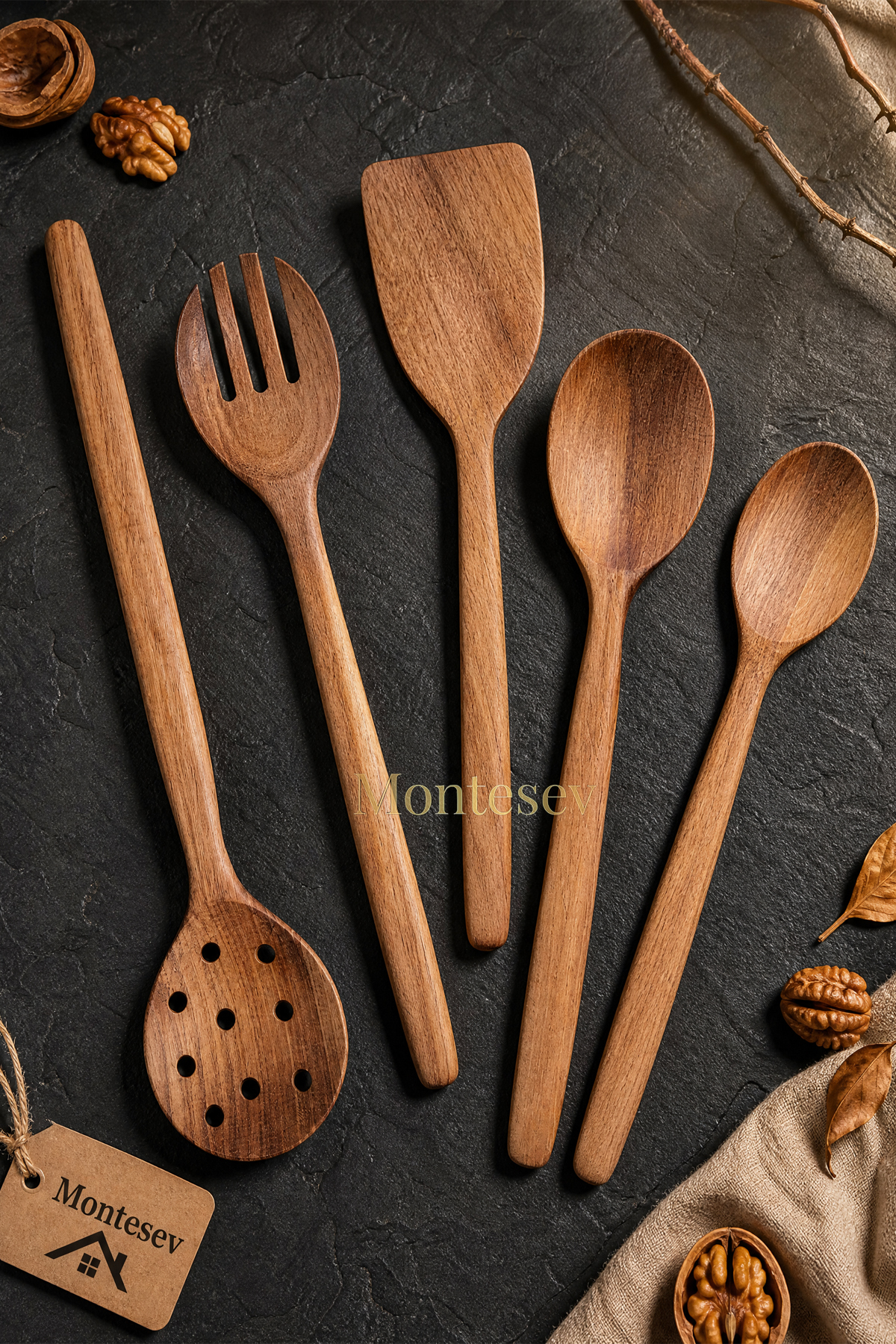 Natural Walnut Wood Wooden Wooden Spoon Spatula Colander Fork Set Wooden Spoon (Set of 5)