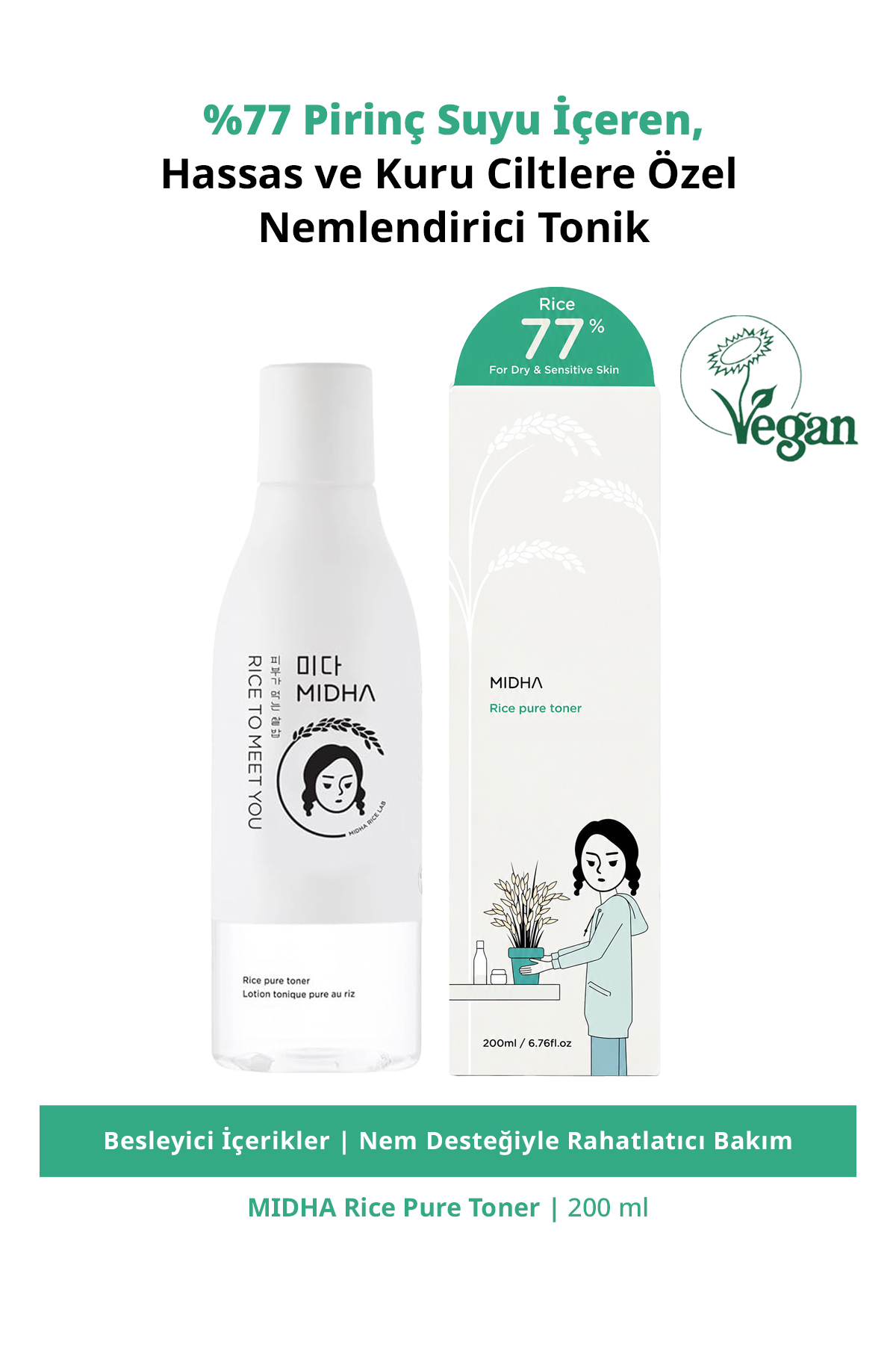 MIDHA %77 Pirinç Suyu İçeren, Hassas ve Kuru Ciltlere Özel Nemlendirici Tonik Rice Pure Toner — MIDHA004