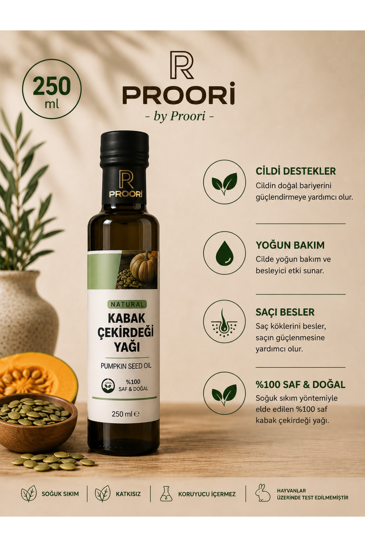 Proori Saf Doğal Kabak Çekirdeği Yağı 250 ml Cam Şişe — pr1497