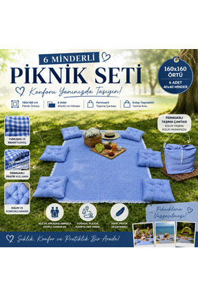 GÖKDAĞ BEDDING Mavi Potikare Piknik Seti 6 Kişilik Minderli Piknik Ortüsü Taş...