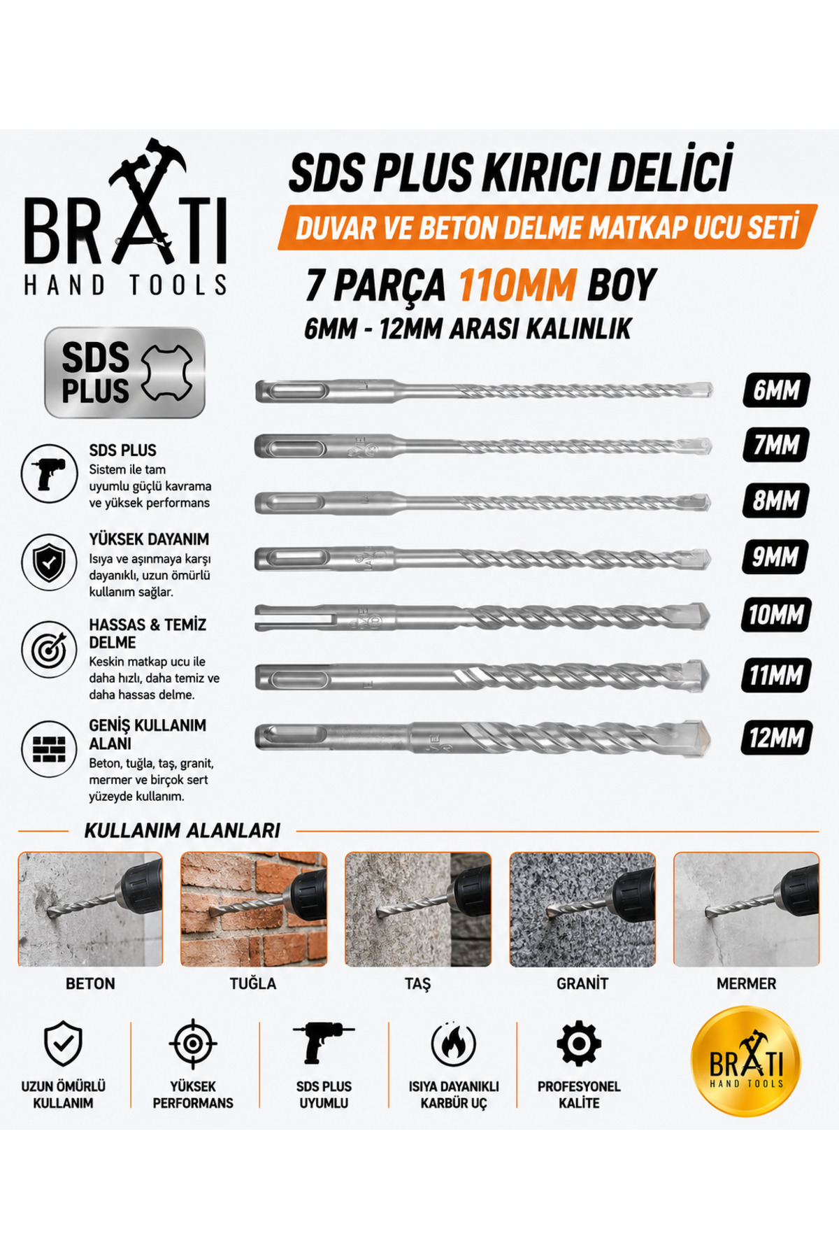 Sds Plus Crusher Drill Hilti Wall and Concrete Drill Bit set 7 pieces 110mm Length 6mm-12mm