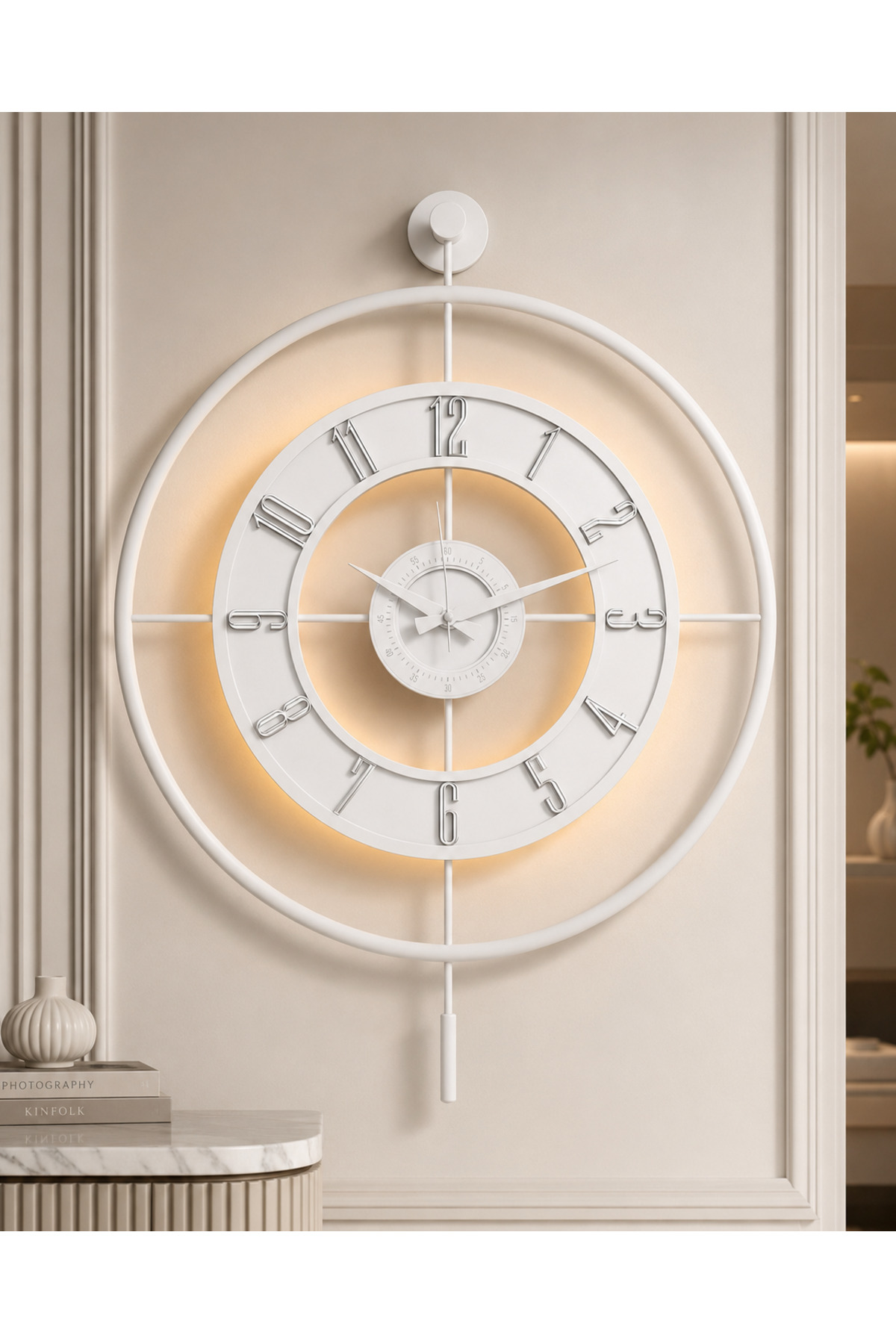 Metal Glass Wall Clock (60X80 CM LARGE SIZE) Real Glass with Light White-transparent-white-silver