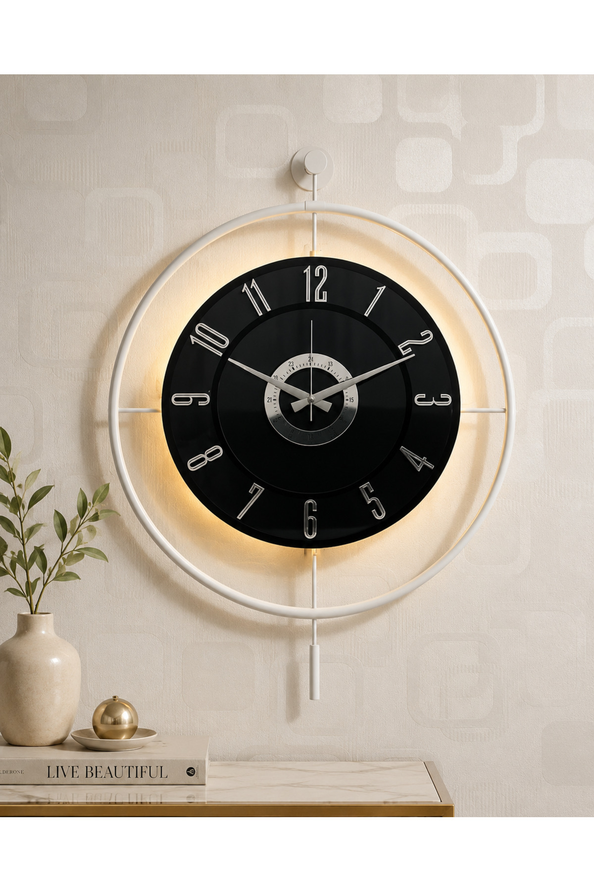 Metal Glass Wall Clock (60X80 CM LARGE SIZE) Real Glass White-smoked-black-silver with Light