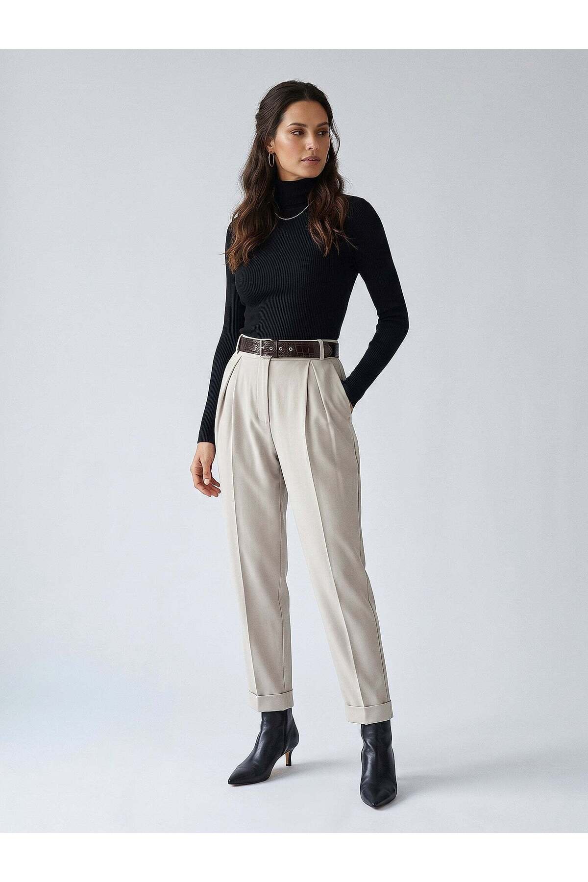 Women's Beige High Waist Trousers – Refine Fit | Flexible Weave | City Elegance | Four Seasons