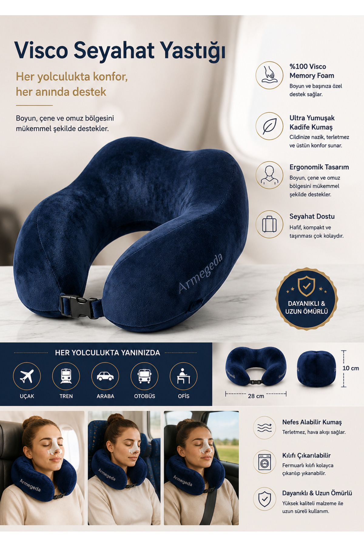 Armrgeda Visco Neck Support Travel Pillow Navy Blue – U Ergonomic Orthopedic Pillow