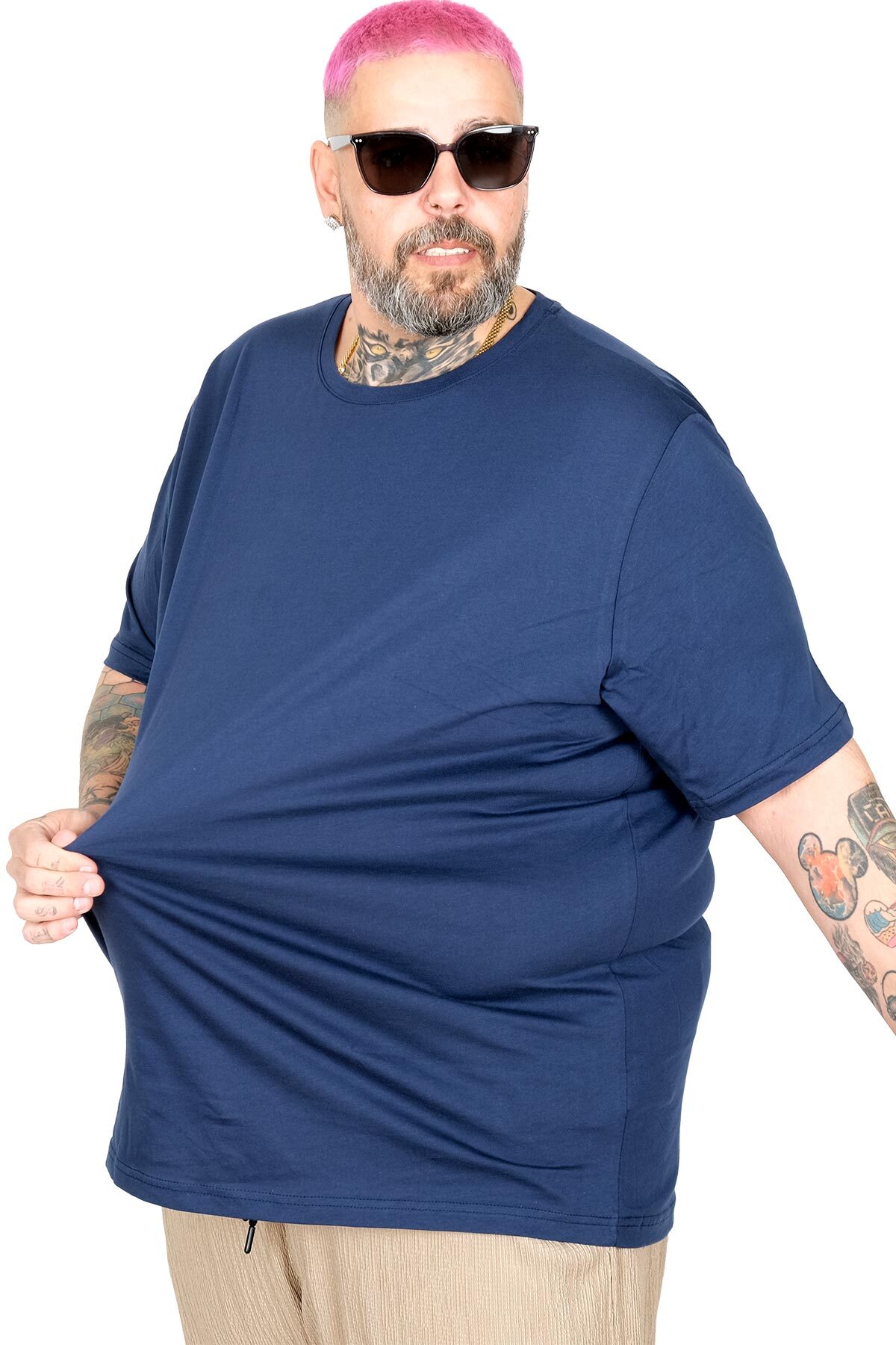 ModeXL Büyük Beden Erkek Bisiklet Yaka Basic T-Shirt %100 Pamuk 20031 İndigo görsel 3