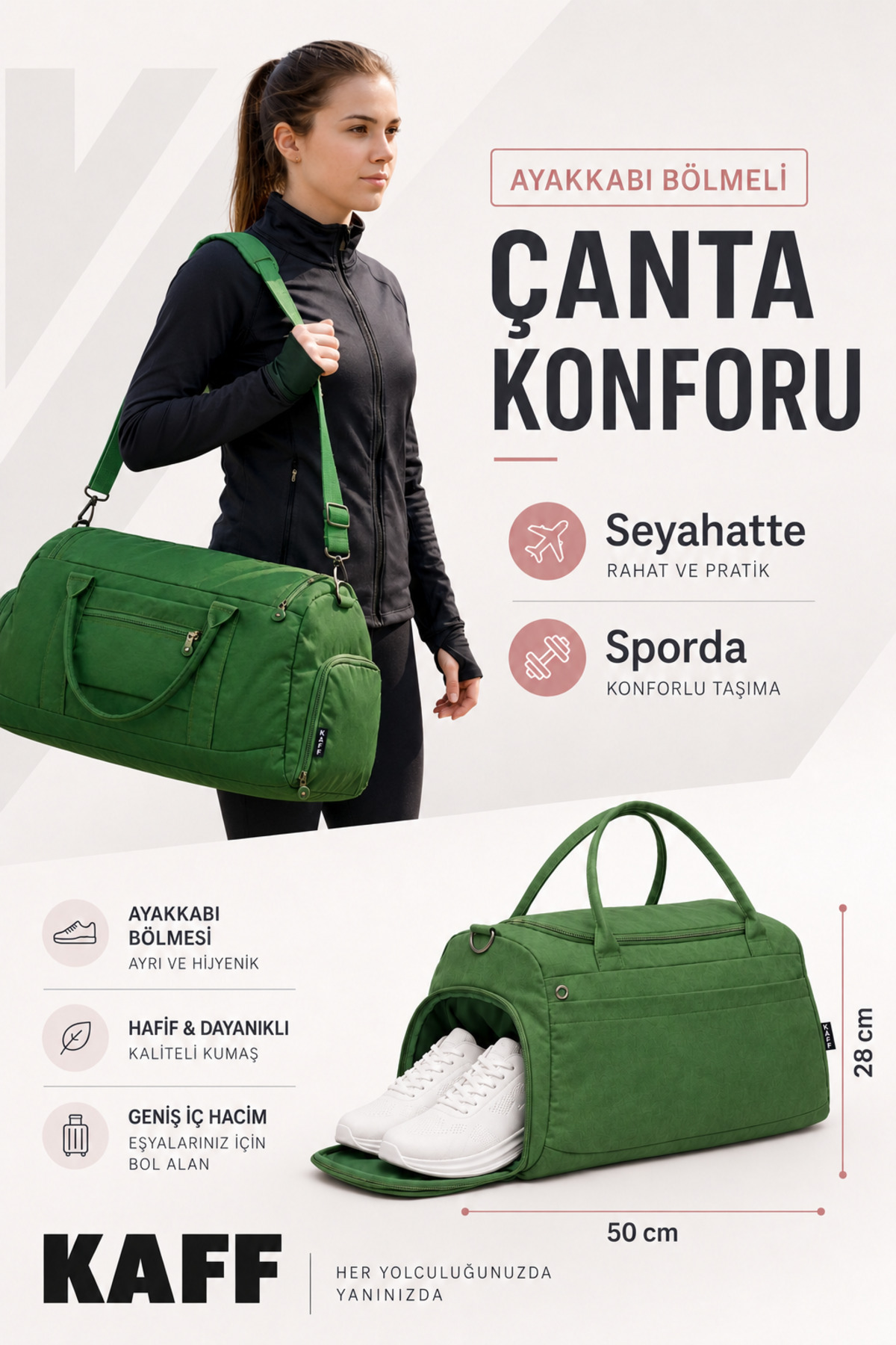 KAFF Haki Krinkıl Kumaş Ayakkabı Bölmeli 00818 Önü Cepli Su Geçirmez Omuz Askılı Spor Ve Seyahat Çantası görsel 2