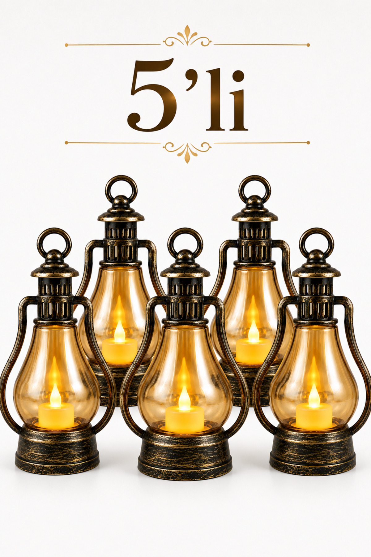 5-Piece led Candle Gas Lamp Type-Retro Vintage Battery-Powered - Decorative Hand Lamp with Smokeless Flame Effect Copper