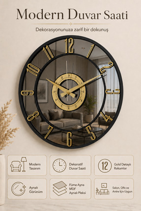 Pey Aksesuar Aynalı Duvar Saati ( Gerçek Ayna) 40 cm Modern Tasarım