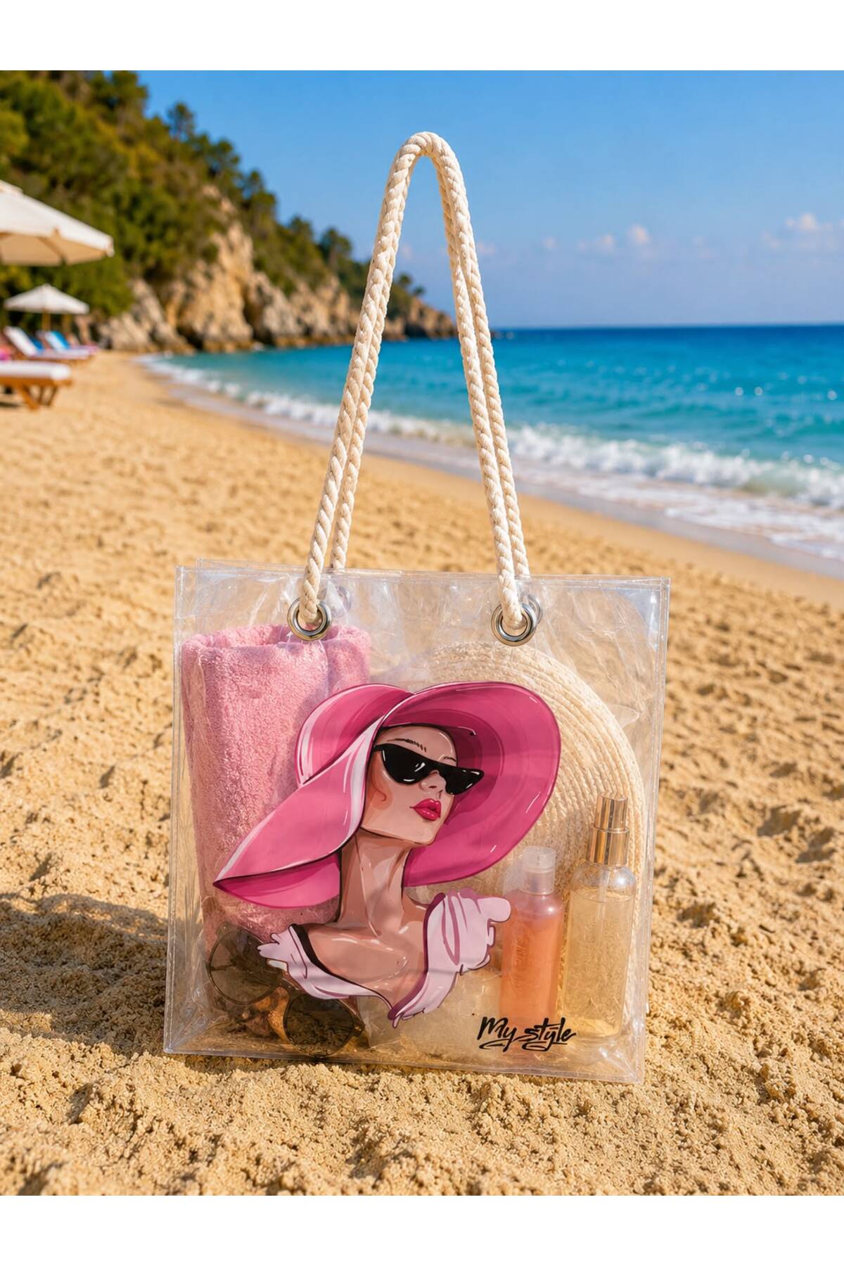 4nio Transparent Beach Handbag Girl with Pink Hat