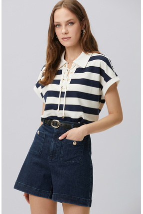 Network Lacivert Beyaz Çizgili Bağcıklı Polo T-shirt