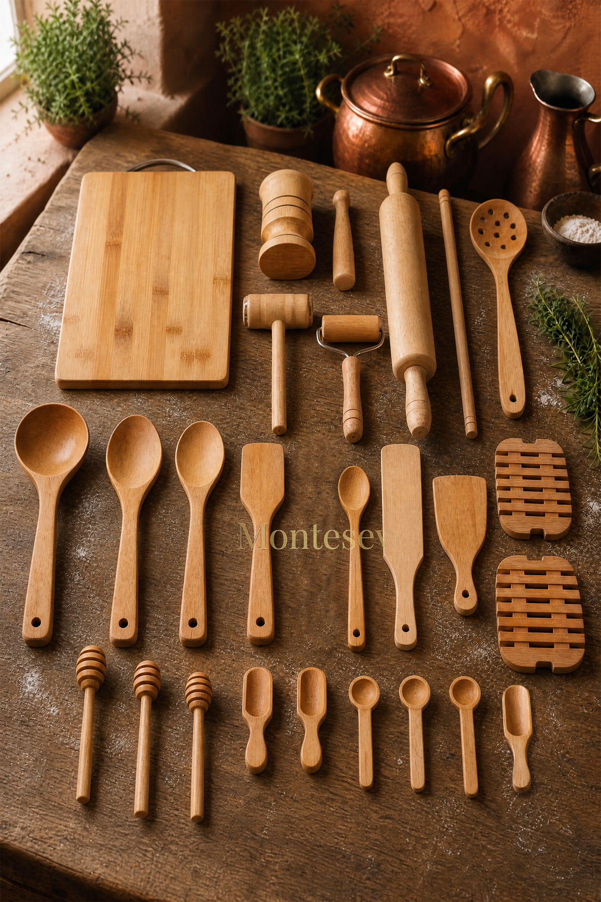 Lily 25 Pieces Wooden Wood Board Spoon Rolling Pin Roller Mortar Cutting Board Dowry Set Mnt-025