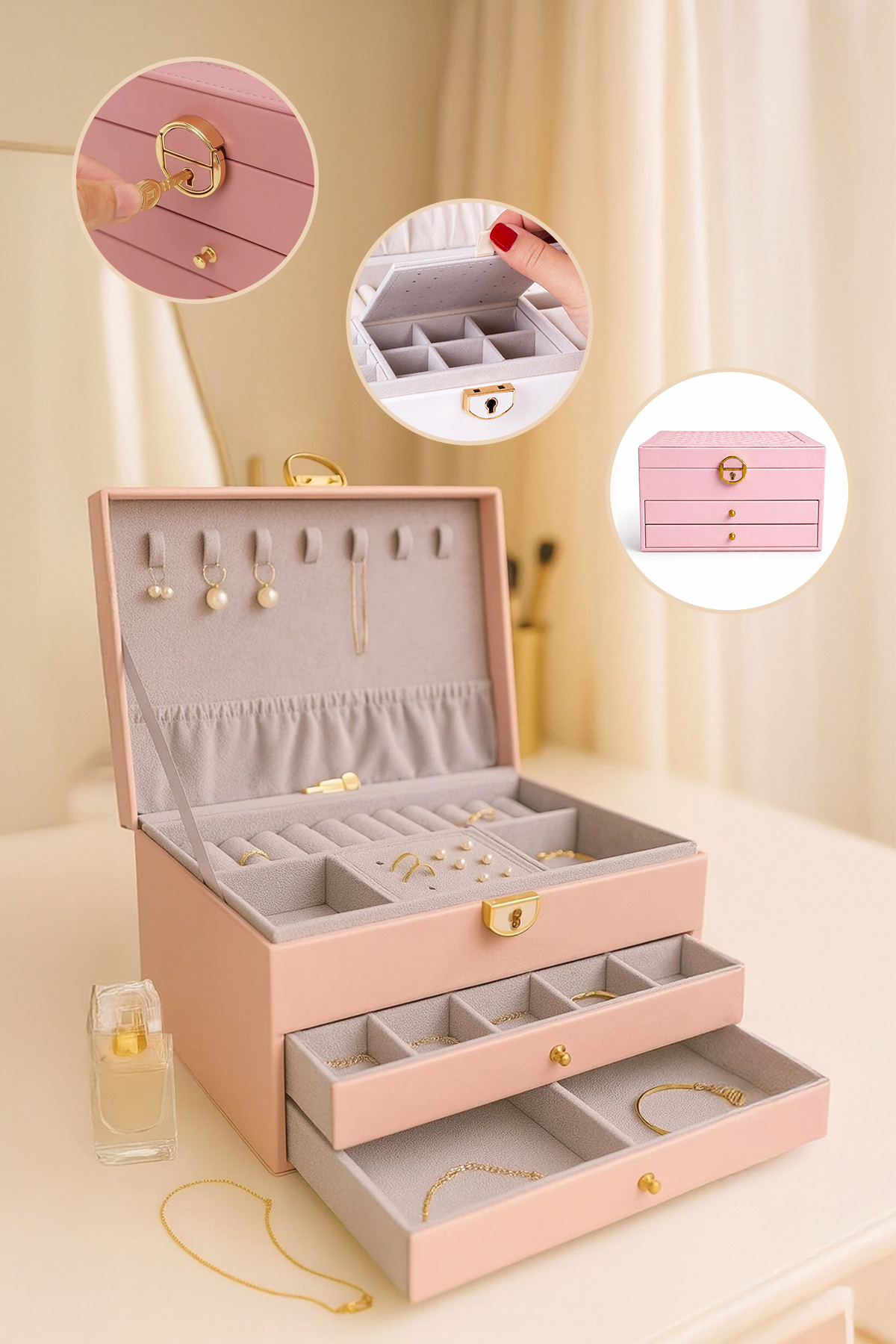 Leather Look Locked Jewelry Box with 2 Drawers Pink