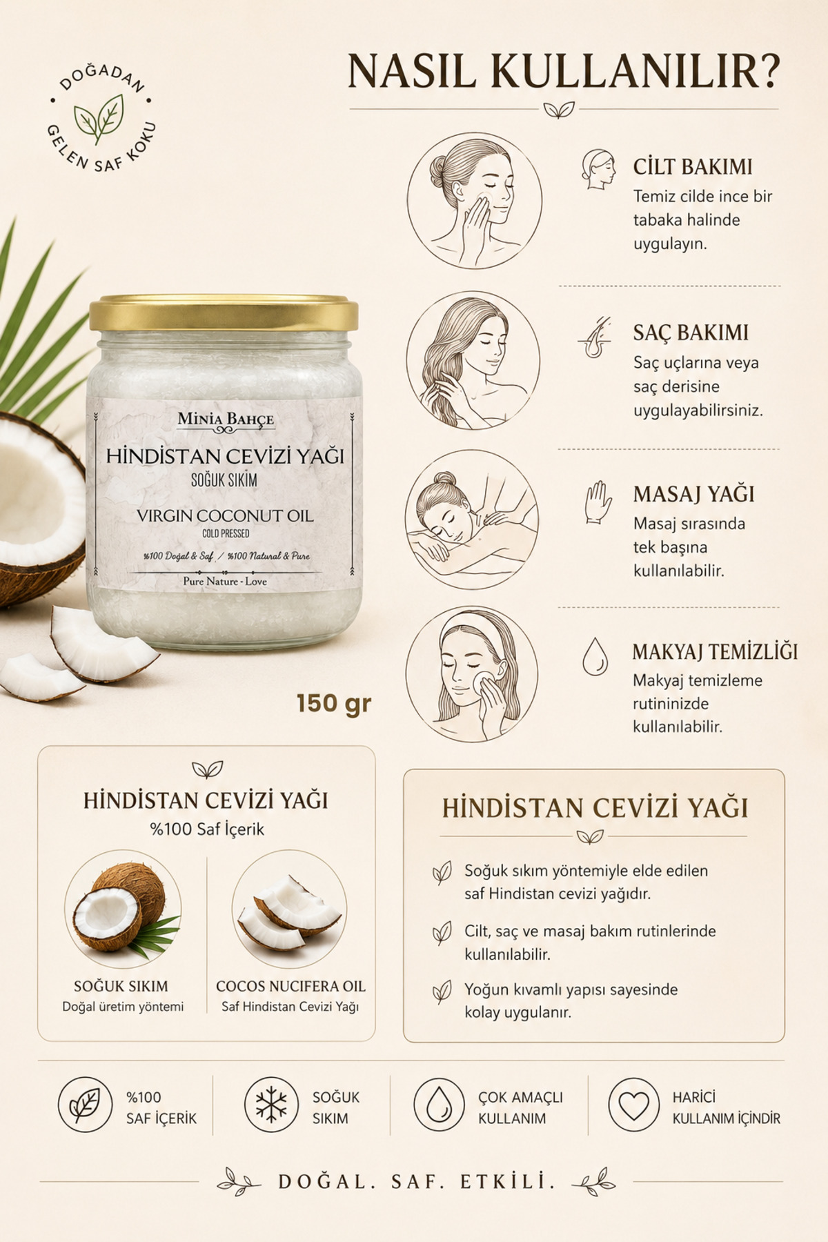 Hindistan Cevizi Yağı – 150 gr | %100 Saf Soğuk Sıkım Coconut Oil — hcvz — تصویر 4 از 5