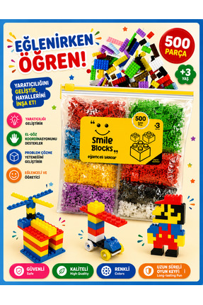 p parti oyunevi Smile Blocks 500 Parça Fermuar Poşetli Mikro Blok Eğitici Oyu...