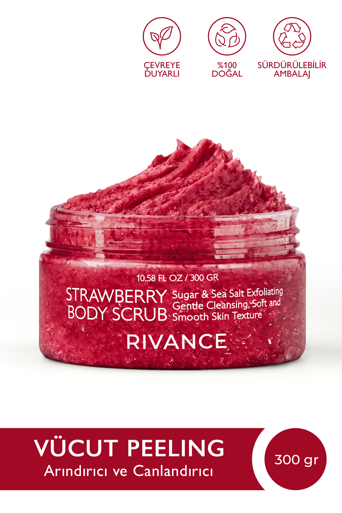 Rivance Çilekli Vücut Peelingi Şeker ve Deniz Tuzlu Arındırıcı ve Canlandırıcı Body Scrub 300 gr — 8684790344296