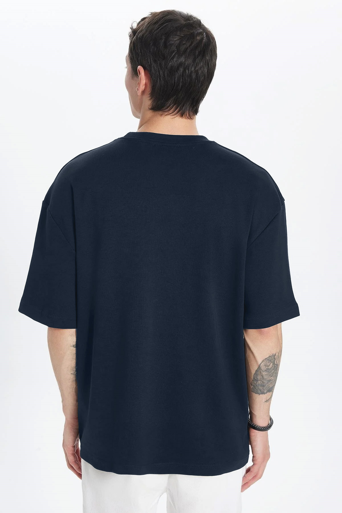 Tudors Unisex Oversize Geniş Kesim %100 Pamuk Yumuşak Dokulu Basic Bisiklet Yaka Lacivert Tişört görsel 6