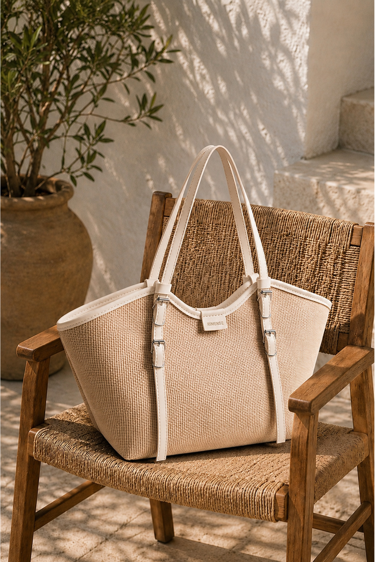 Women's Wicker Cream Faux Leather Handle Lined Hand and Shoulder Bag