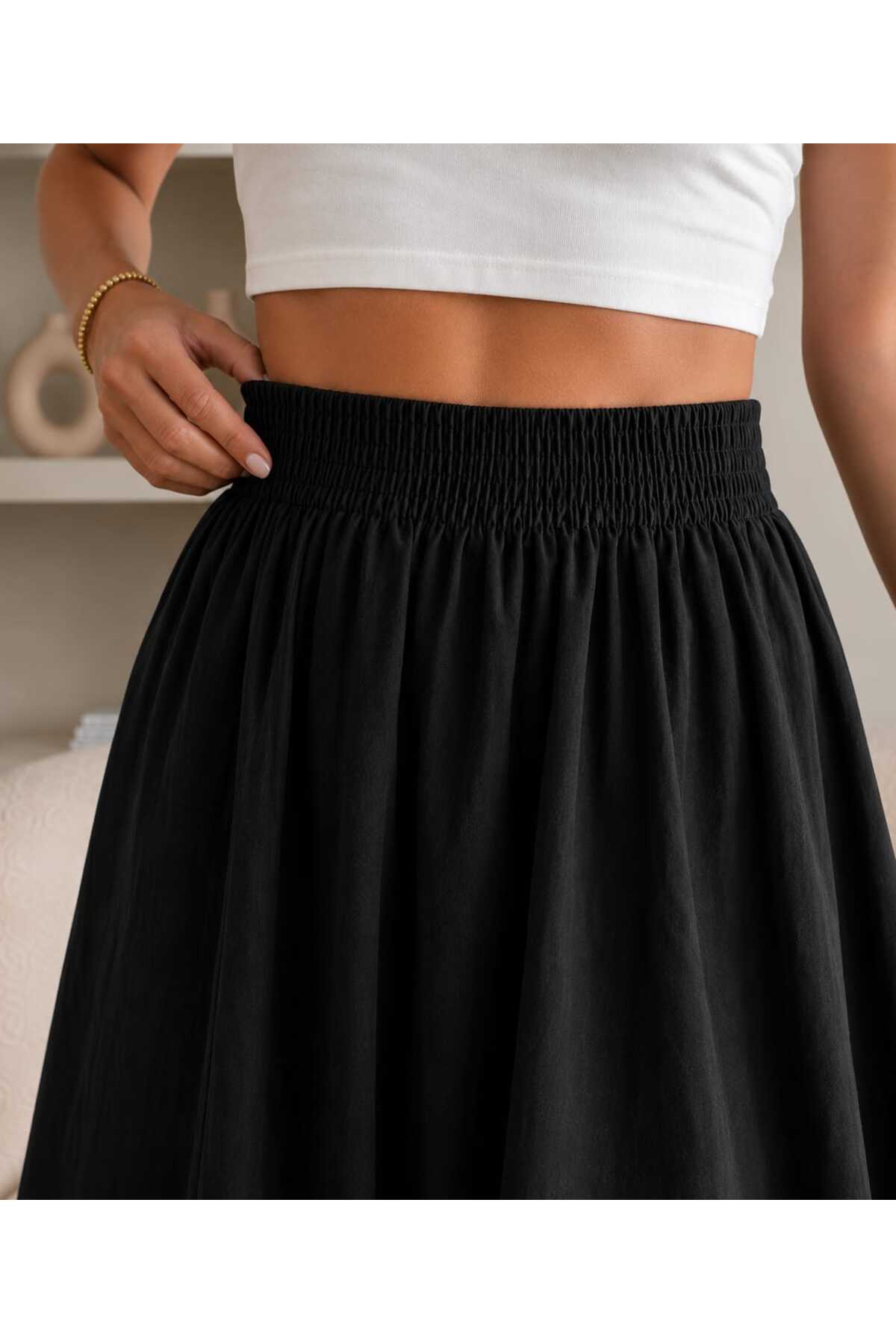 Gülmude  Çift Cepli Poplin Kumaş Beli Lastikli İç Göstermez Maxi Etek (90 CM) - Görsel 2