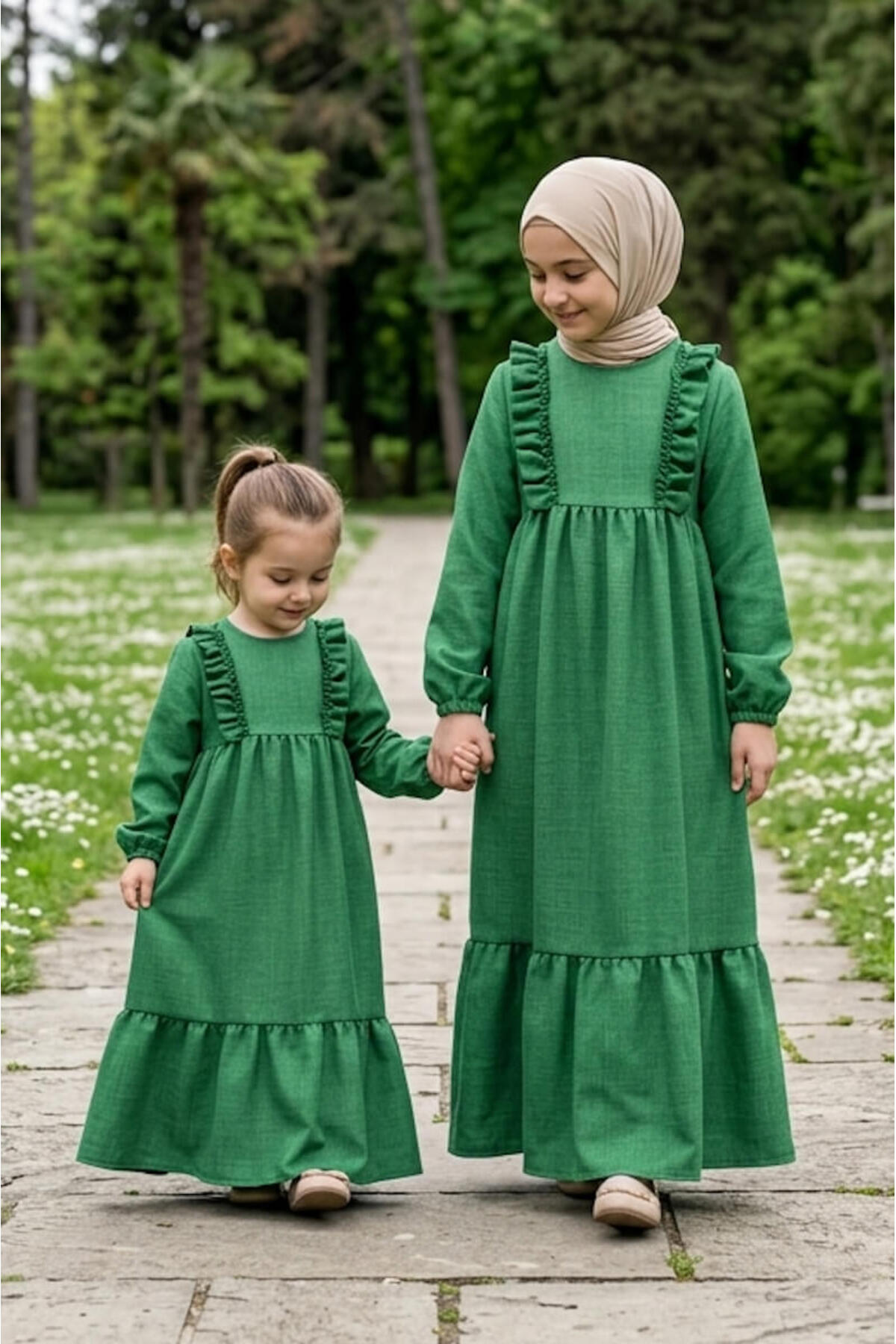 Betül Akbay Kız Çocuk Keten Elbise Buse Model Uzun Tesettür Elbise Yeşil