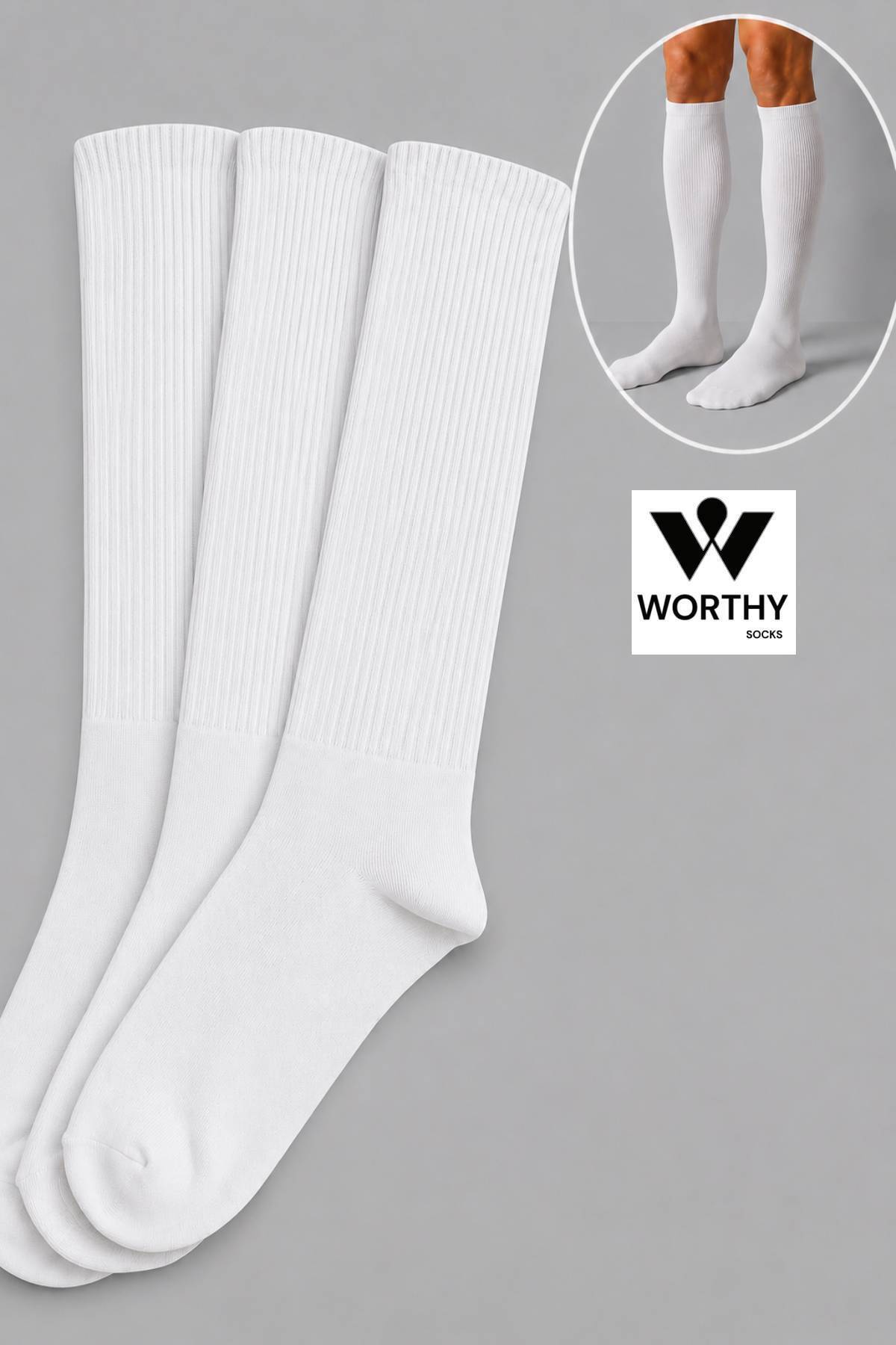 WORTHY SOCKS 3'lü Çizgisiz Beyaz Pamuklu Yıkanmış Diz Altı Tenis Spor Çorap