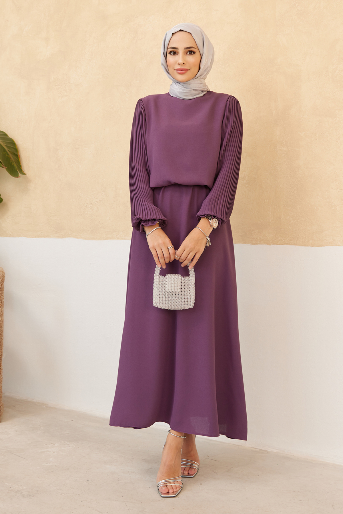 VAVİNOR Pleated Skirt Tunic Set with Sleeves - Lilac