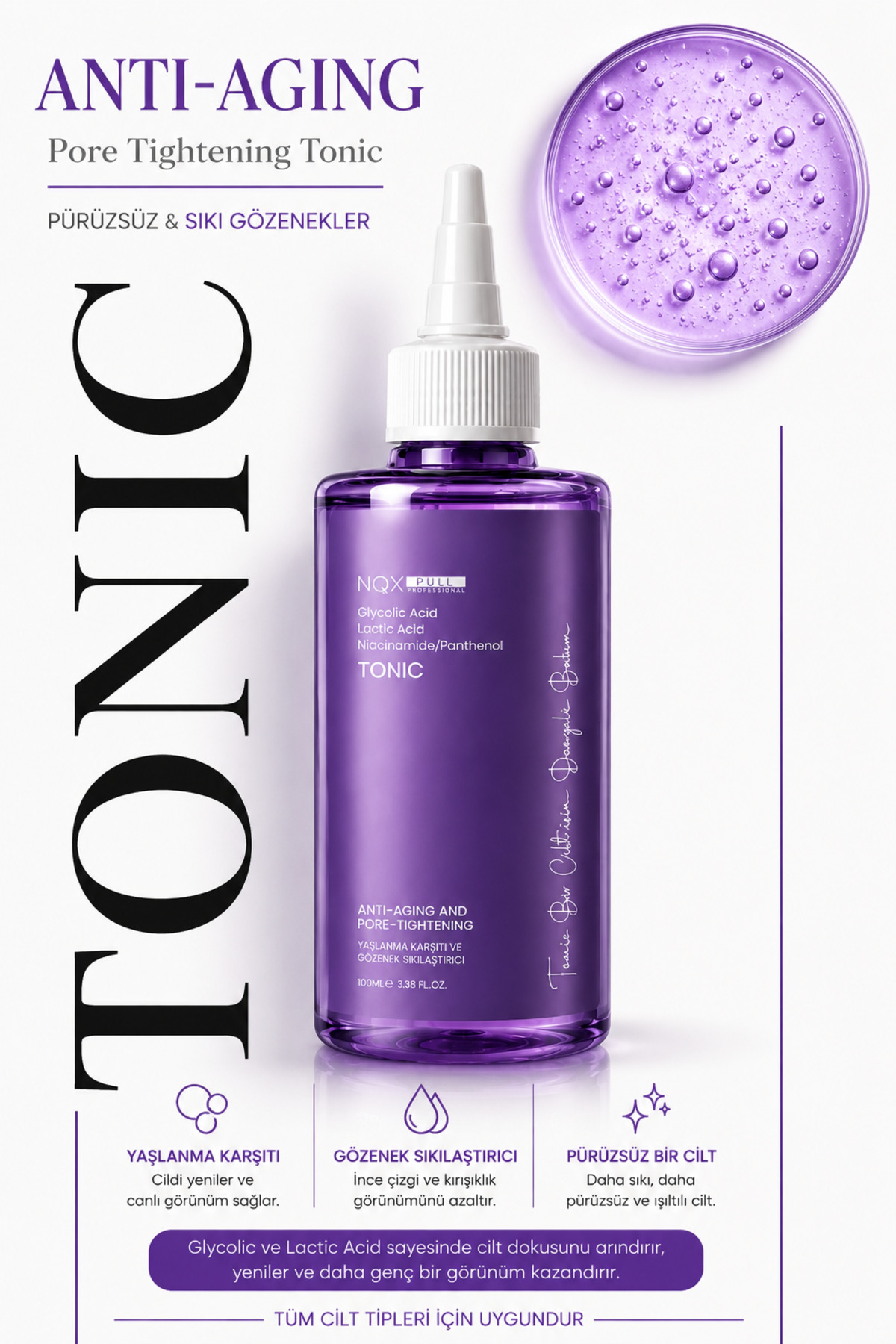 NQX PULL Yaşlanma Karşıtı Tonik Gözenek Arındırıcı Cilt Yenileyici Glycolic Anti-Aging Yıpranmış Ciltler İçin — TNK344