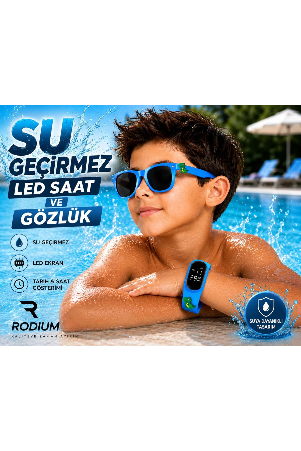 ساعة يد للأطفال مع مجموعة نظارات LED ورموز تعبيرية على شكل ديناصور أزرق