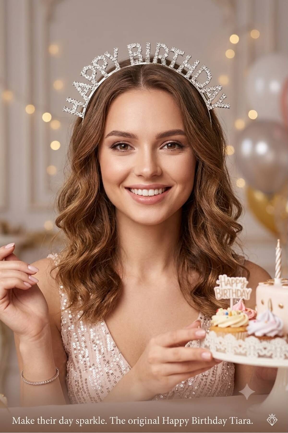 Kristal Gümüş Taşlı Happy Birthday Doğum Günü Tacı