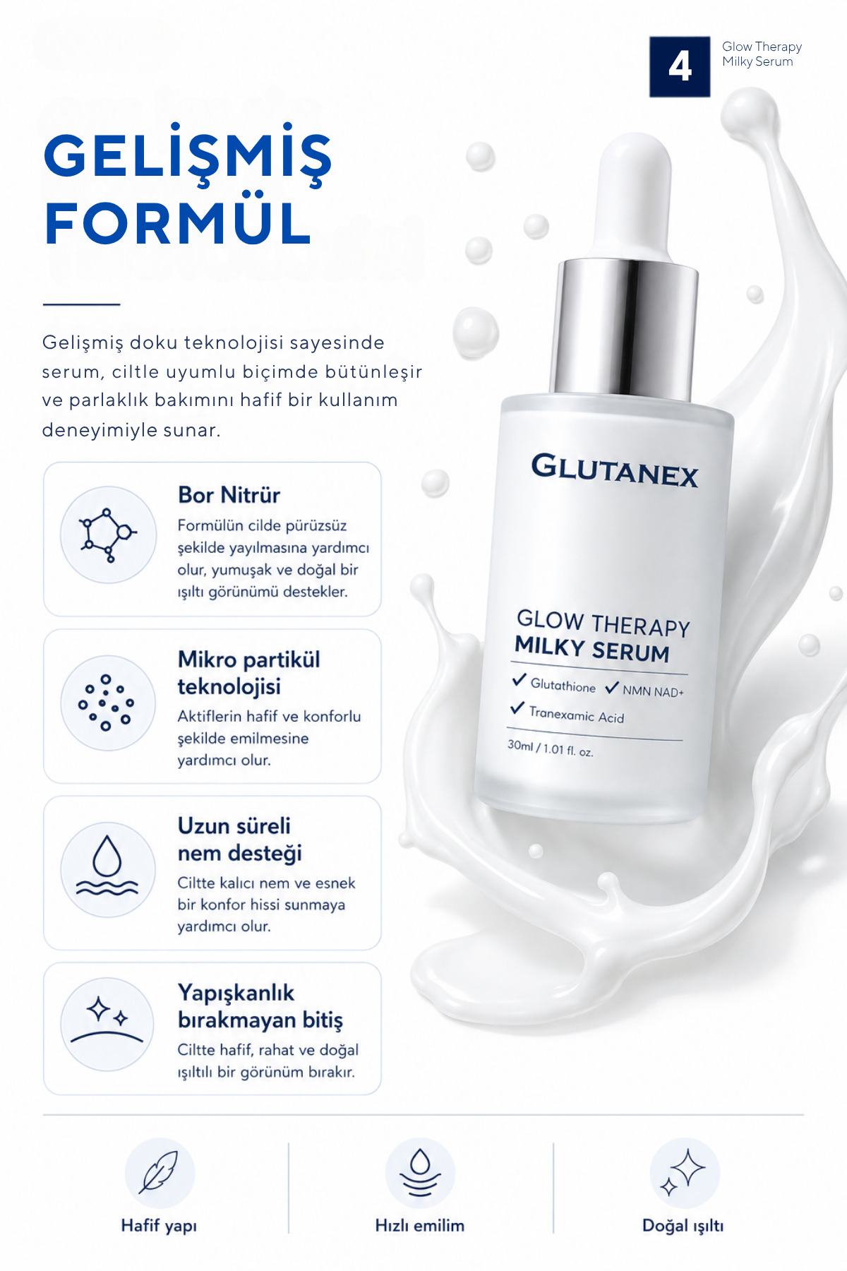 Leke Karşıtı Aydınlatıcı Serum | Traneksamik Asit, NMN, NAD+ & Glutatyonlu | Glow Therapy Milky Serum | 30 ml — Glutanex052 — تصویر 5 از 6
