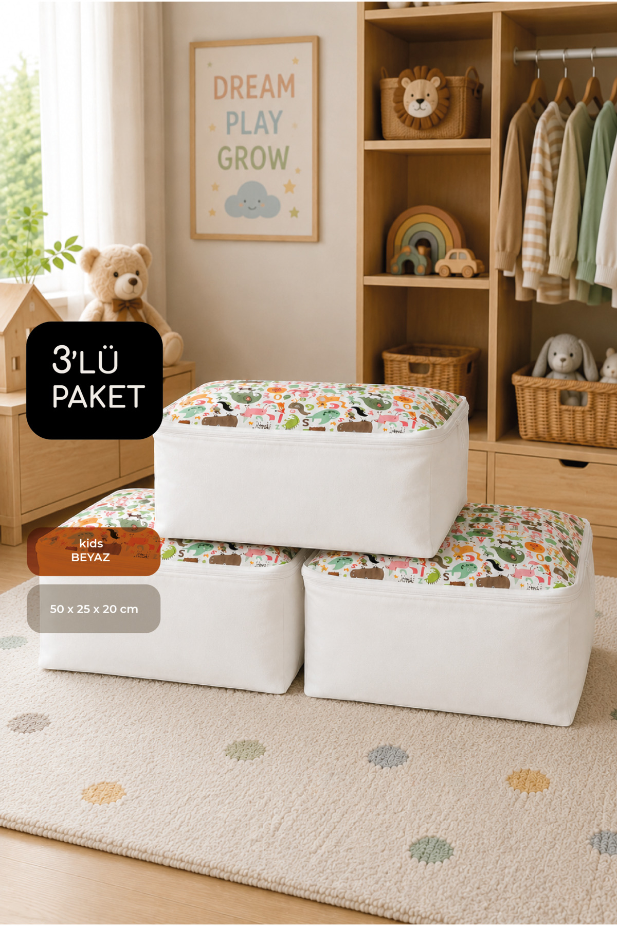 3-Piece Set Medium 50x25x20 Cm Base & Sofa Bed , Clothing Organizer Kids Hatch Cute Pattern