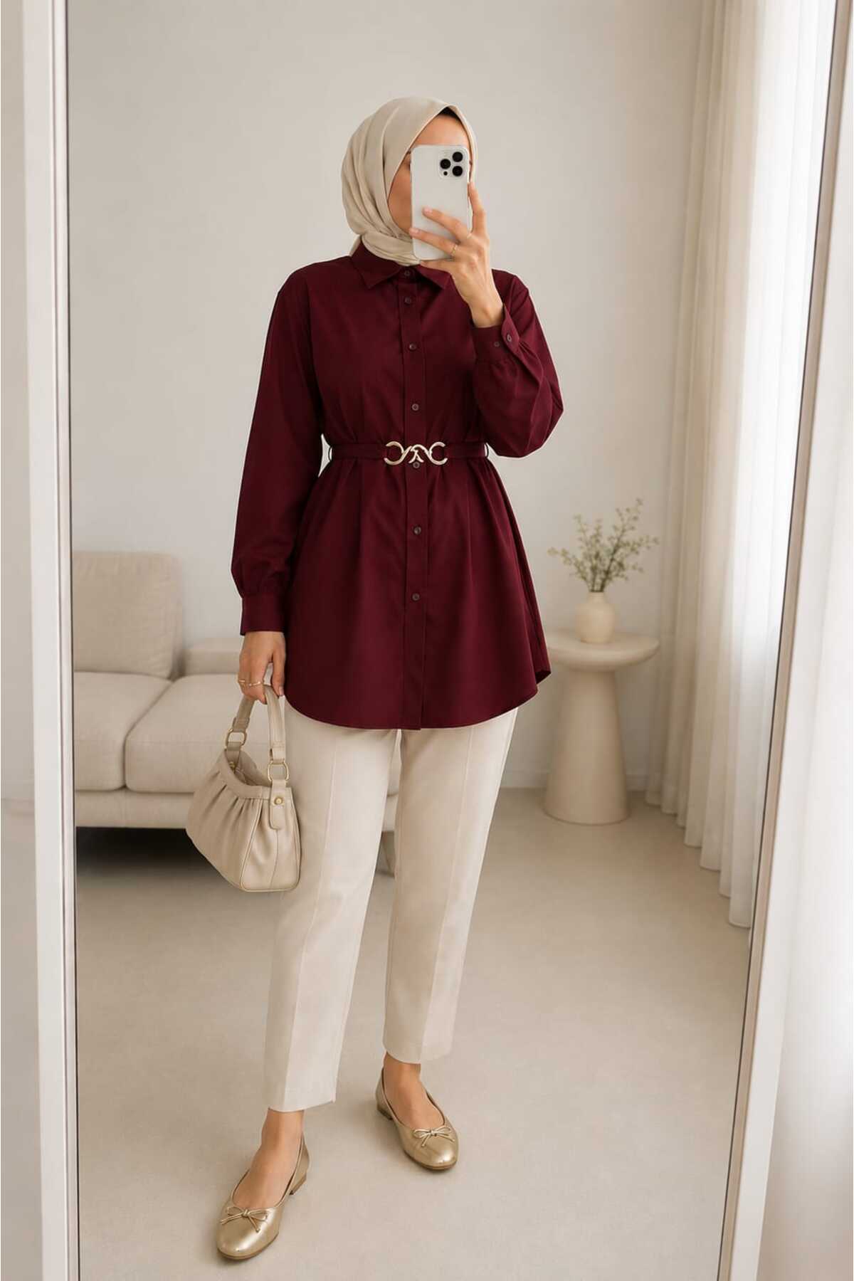 YEK&BİR Women's Gold Belt-Detail Balloon Sleeve Tunic Shirt