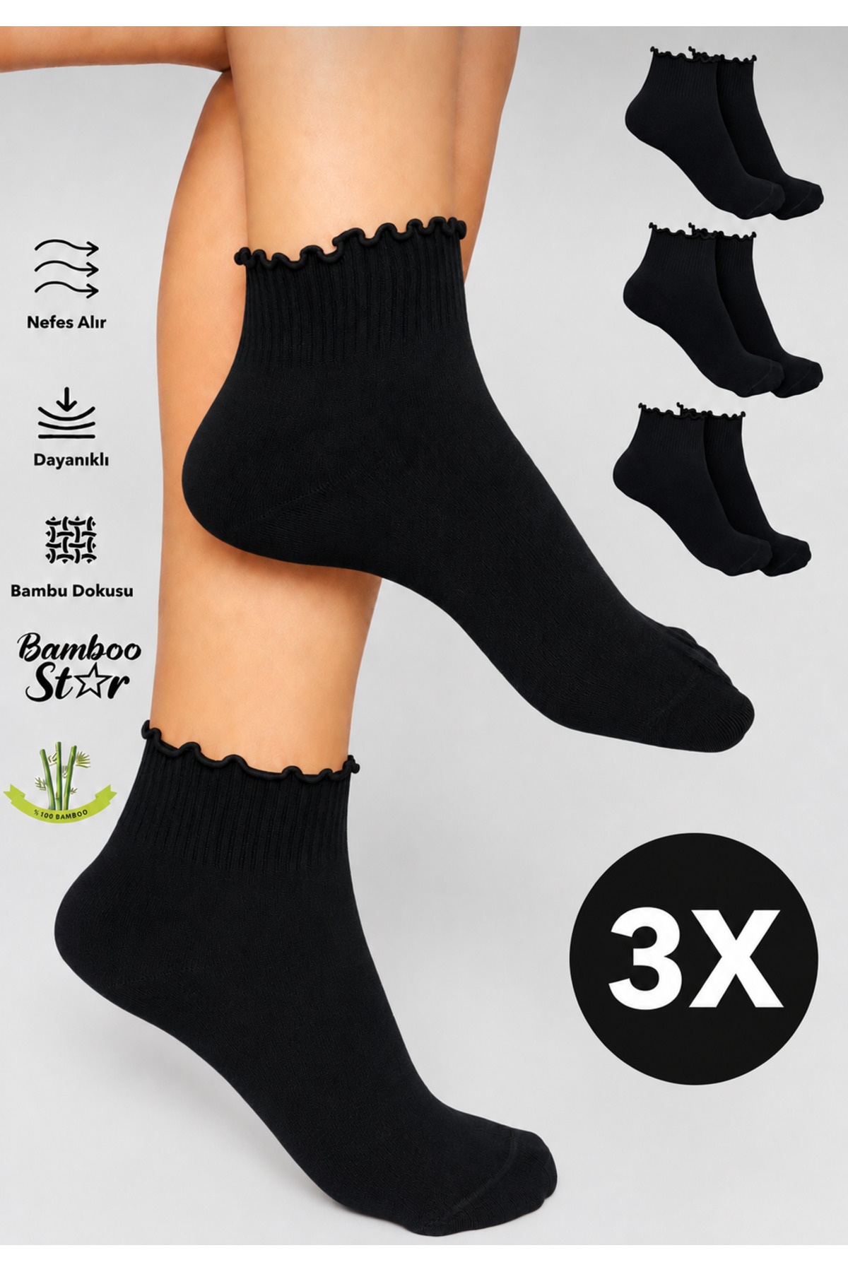Bamboo Women's Ruffled Booties Seamless Black Socks 3-Pack