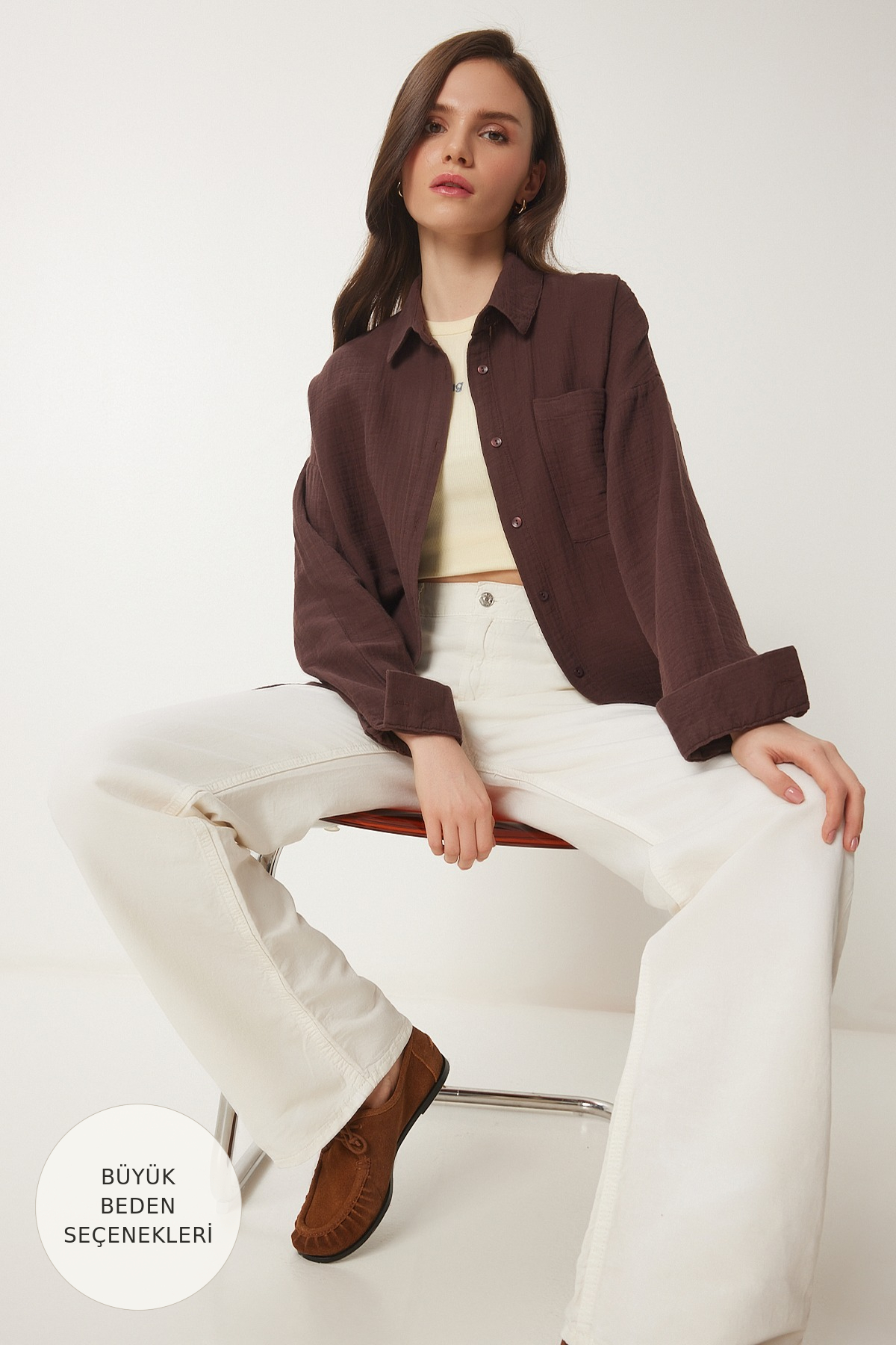 Lovelyİstanbul Oversize Basic Müslin Gömlek KAHVERENGİ LMX0002