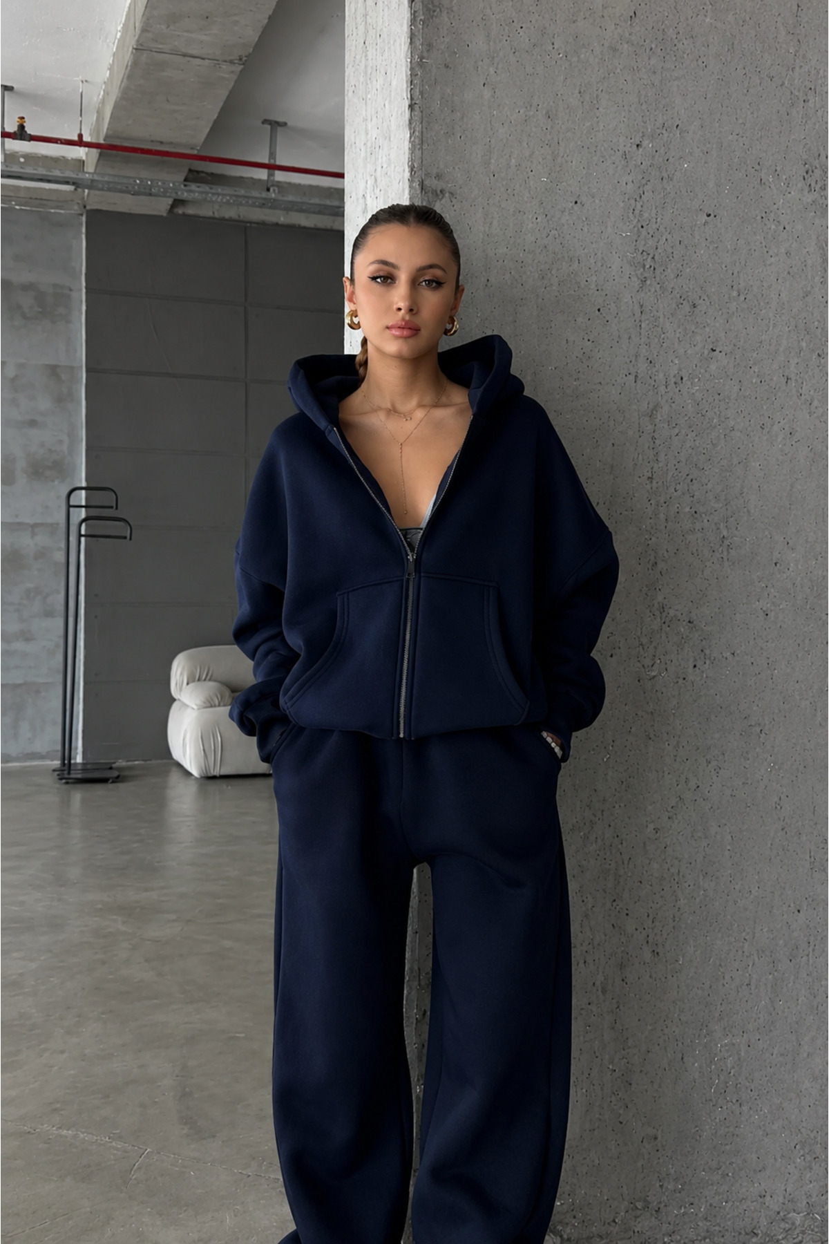 YAKAMEL KADIN 3 İPLİK OVERSİZE FERMUARLI SWEATSHİRT HIRKA görsel 3