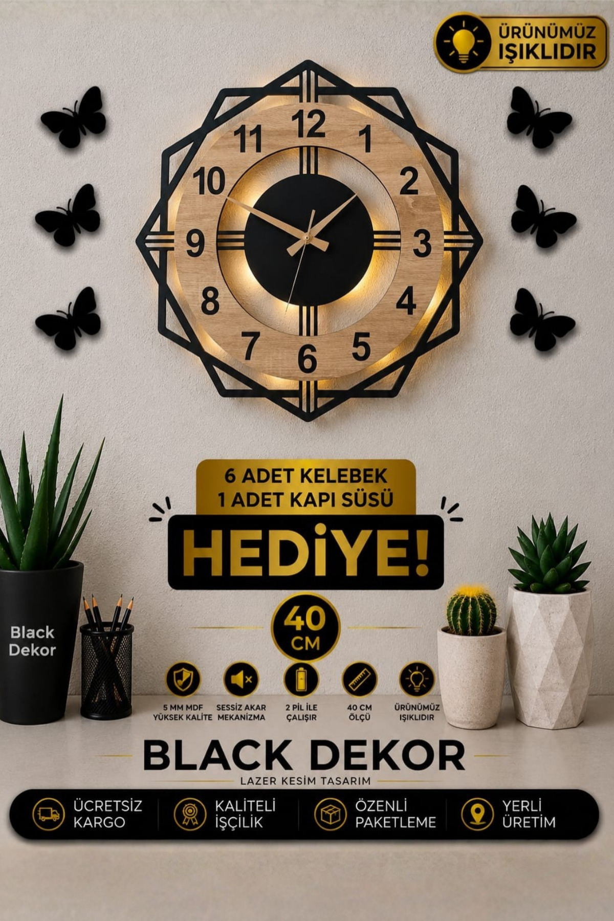Blackdekor Sonoma Rengi Dekoratif Led Işıklı Duvar Saati | Modern Ve Şık 40 Cm Ahşap Saat