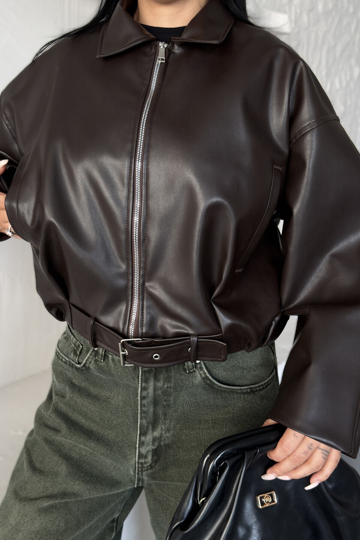 moda armanc Kadın Oversize Bomber Suni Deri Ceket | Yeni Sezon Kemerli Biker Ceket görsel 4