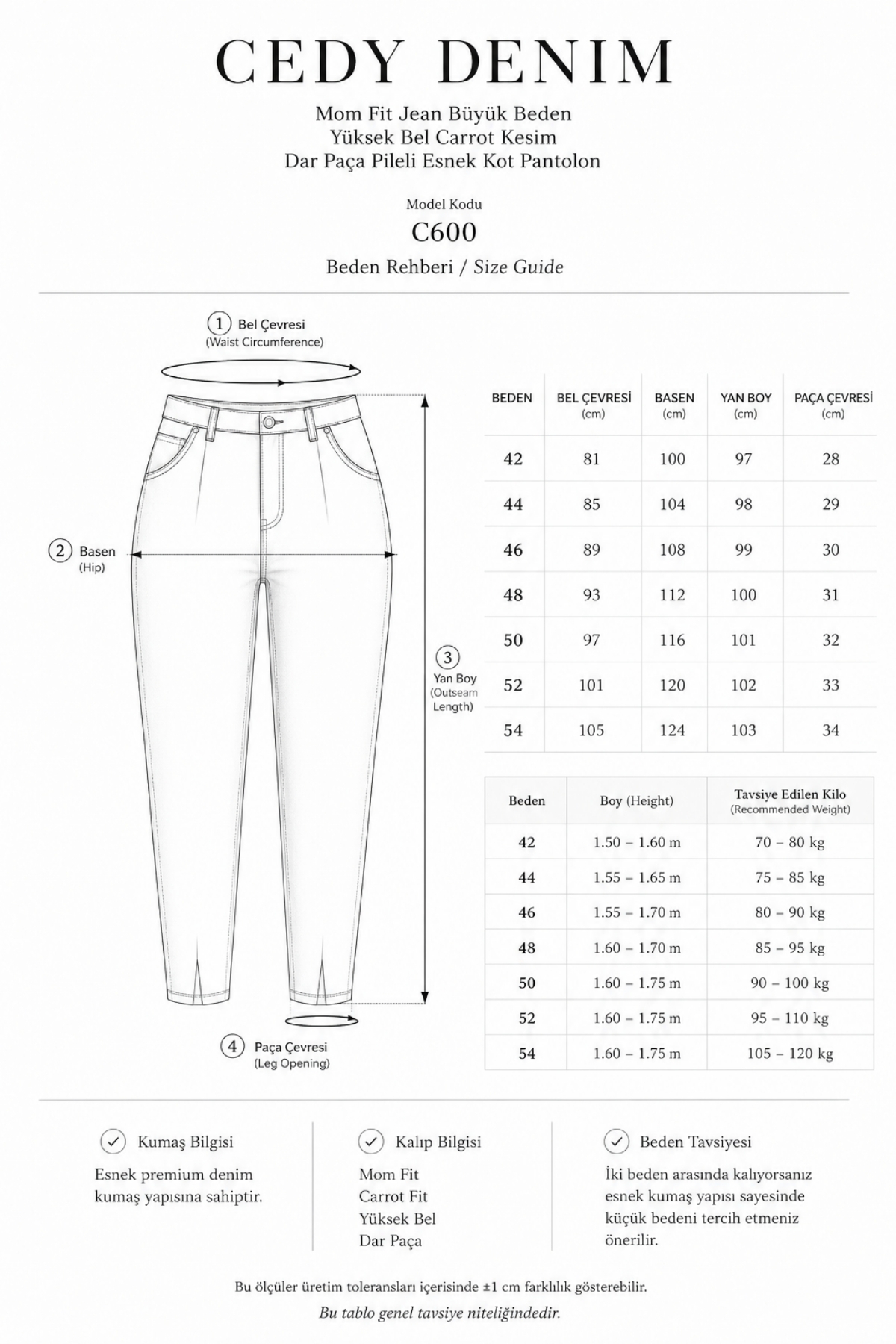 CEDY DENIM Mom Fit Jean Büyük Beden Yüksek Bel Carrot Kesim Dar Paça Pileli Esnek Kot Pantolon C600-siyah görsel 2