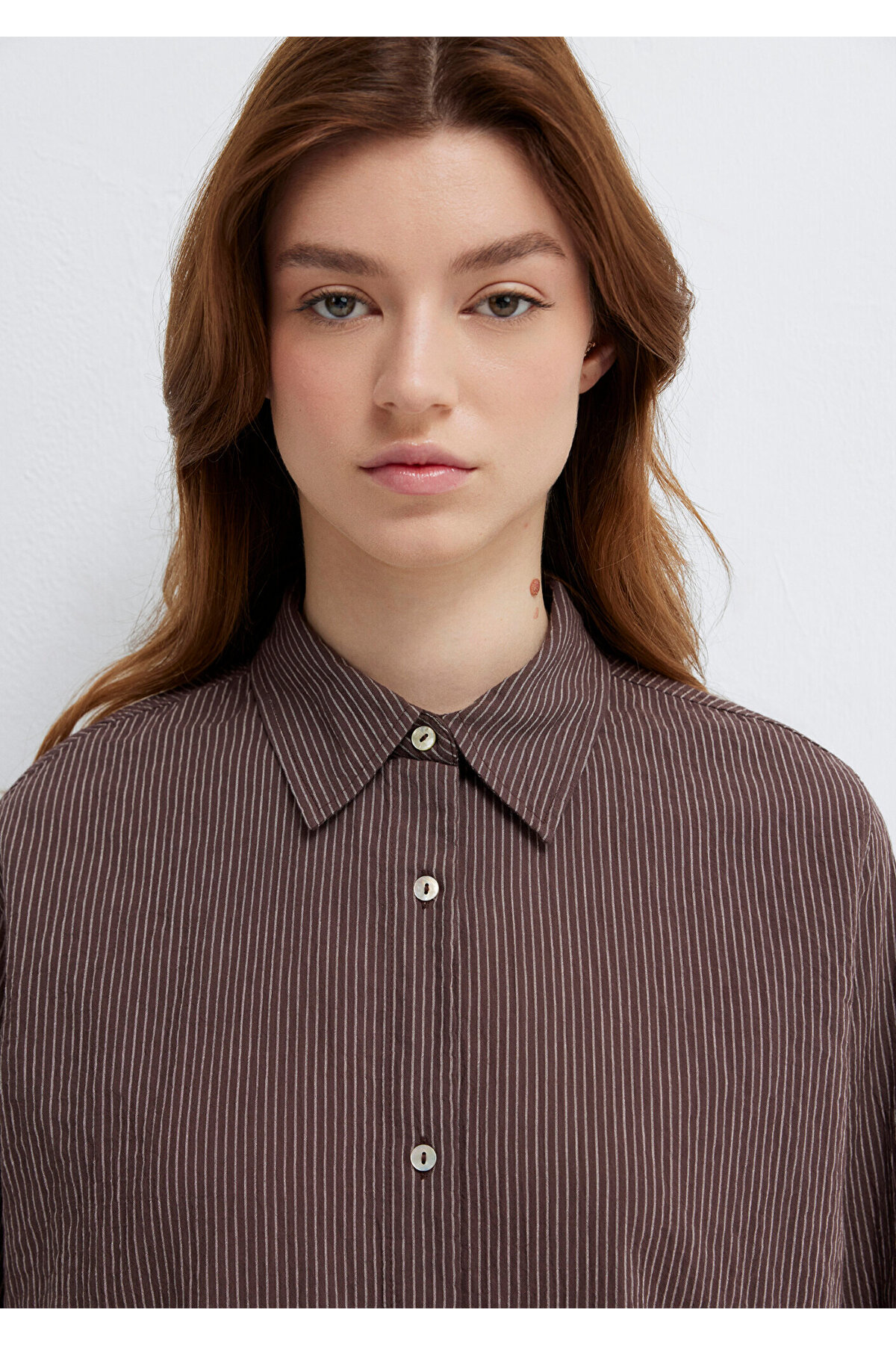 Çizgili Kahverengi Gömlek Loose Fit / Bol Rahat Kesim 1211598-91456 — قهوه‌ای — تصویر 6 از 8