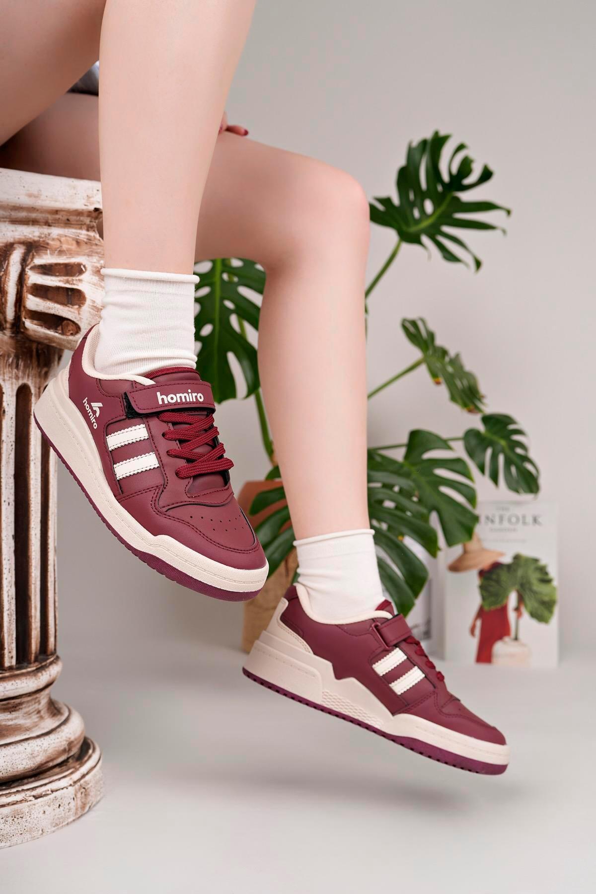 homiro Unisex Bağcıklı Cırtlı Spor Sneaker Ayakkabı-Bordo-Beyaz görsel 2
