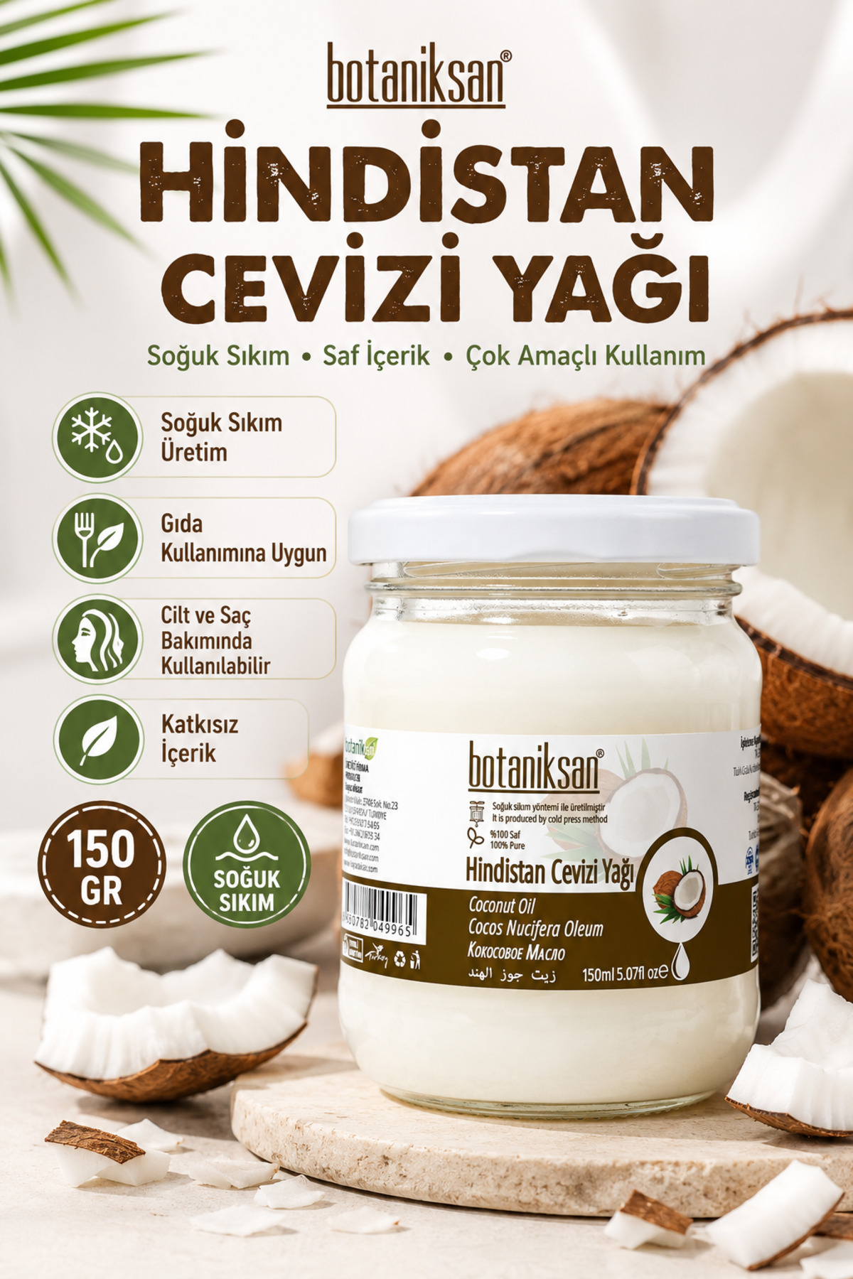 botaniksan Hindistan Cevizi Yağı 150gr Soğuk Sıkım, Saf, Doğal, Katkısız — HİNDİSTAN CEVİZİ YAĞI 150GR